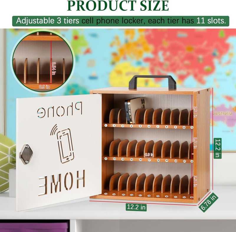 Echaprey Cell Phone Holder Classroom Adjustable 33 Slots Pocket Chart Wooden Cell Phone Storage Cabinet with Handle and Lock Desktop Cell Phone Holder for Classroom Office (Cherry) - Image 2